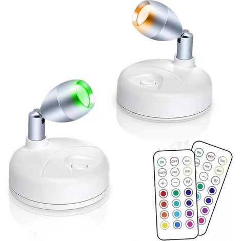 Lot de 2 petits spots LED RGB à piles avec télécommande, minuterie sans fil et tête orientable. (1/4)