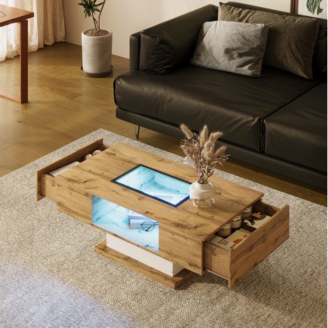 tavolo soggiorno 110 cm LED vetro cassetti effetto legno OKMYHOME (1/5)
