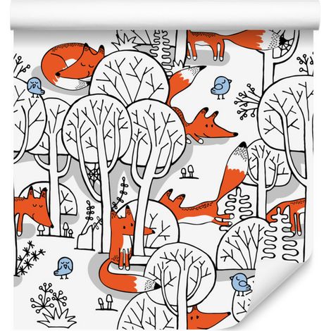Papel pintado de zorros sonrientes en el bosque para salón y dormitorio, 50x1000 cm. (1/5)