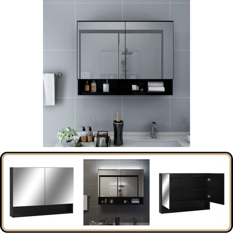LED-Spiegelschrank fürs Bad Schwarz 80x15x60 cm MDF - LED Kosmetikschränkchen - Wandspiegel - Badezimmerarmatur - Badmöbeln - Aufbewahrungsschrank