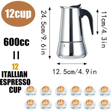 Cafetière Italienne, 6, 9,12 Tasses Cafetière Moka en INOX compatible tous types de feux - 600ml - 12 tasses (1/4)