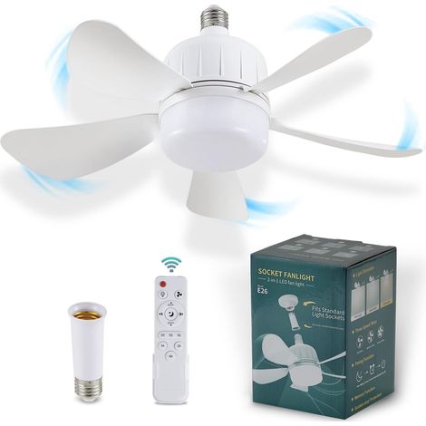 Ventilateur plafond douille 18" télécommande - LED dimmable 3 couleurs - Avec rallonge douille - Cuisine garage chambre blanc (1/5)