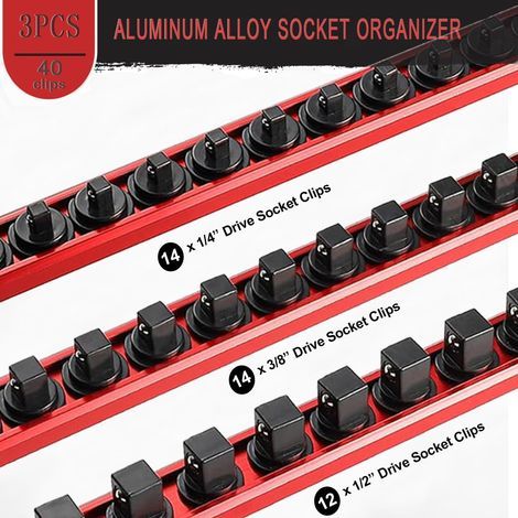 Lot de 3 Rails à Douilles Magnétiques en Aluminium, 40cm - avec 40 Clips Rotatifs Rouges pour 1/4", 3/8" et 1/2" - Organisateur de Douilles pour Garage et Atelier (1/4)