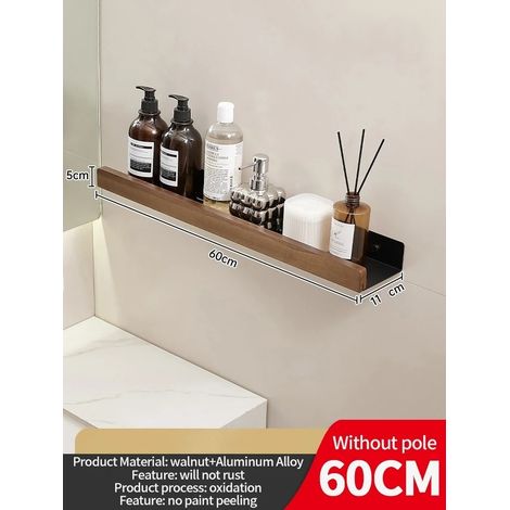 (Noir 60 cm) Étagère d'angle en bois et aluminium pour salle de bain, rangement pour shampoing, étagère murale de douche (1/5)