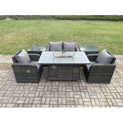 Fimous Rattan Gartenmöbel Set Gas Feuer Grube Esstisch mit 2 Beistelltische Stuhl Liebe Sitz Sofa (1/5)