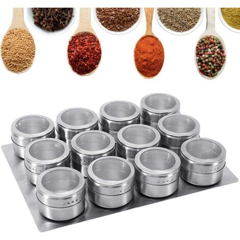 Pot Epices Cuisines Lot de 12, Pots à épices Magnétique en Acier Inoxydable Botes à épices Réservoir Assaisonnement Ensemble avec Autocollant et Stylo pour Sel Poivre Herbes, Argent 4x6.5cm