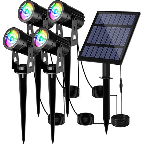 Spot Solaire Extérieur 4 EN 1 Lampe Solaire Exterieur Couleur 2 Modes d'Éclairage RGB Lumière Solaire de Jardin Etanche IP65, 3 Mètres Cable, Eclairage Exterieur Solaire pour Jardin, Chemin (1/5)