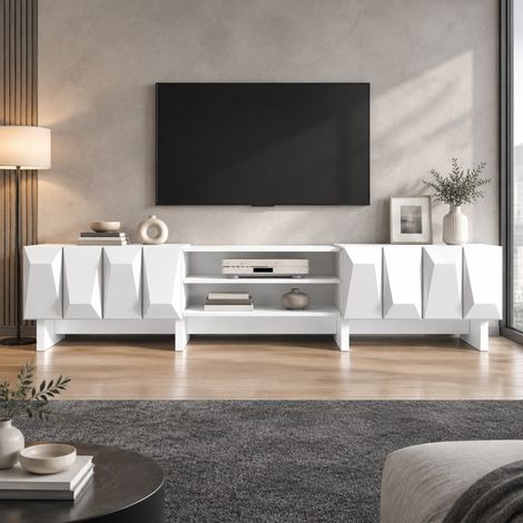 Mueble TV 180/34/44,5 cm blanco con 4 puertas en relieve y pasacables (1/5)