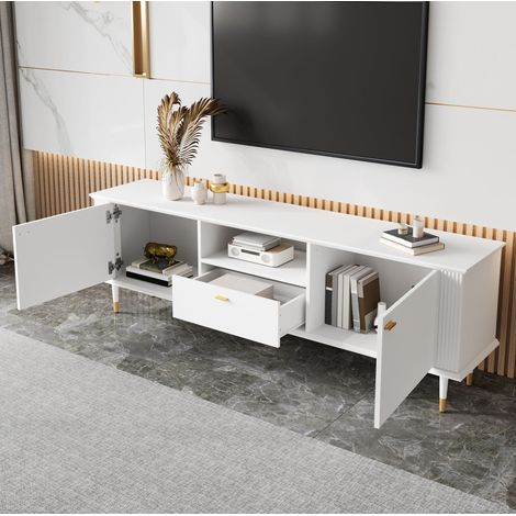 Mueble TV 170x36x54 cm blanco en MDF lacado con puertas, cajón y cierre suave (1/5)