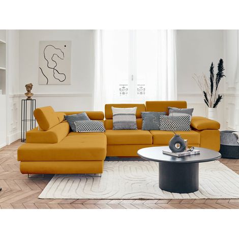 Pablo – ecksofa mit schlaffunktion – mit bettkasten – verstellbare kopfstützen – aus velours – 5-sitzer – links - gelb (1/5)