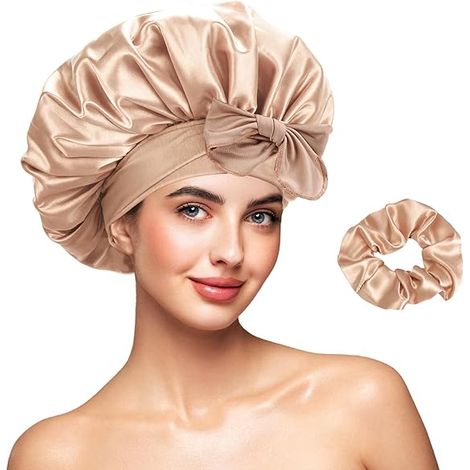 Bonnet de Nuit Réversible Double Couche en Satin avec Elastique Réglable, Set de Bonnet et Chouchou en Satin pour Femme, Chapeau de Sommeil pour Cheveux Bouclés (1/5)