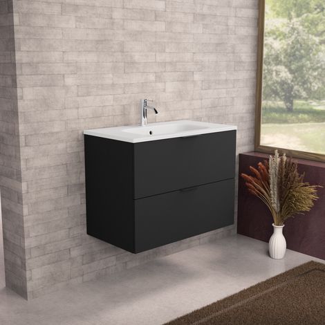 Inda - Meuble de salle de bain L.80 avec vasque mate / Noir mat 2 (1/5)