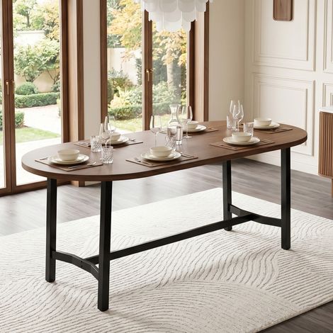 Mesa de comedor de 180x80 cm para 6 a 8 personas, esquinas redondeadas, estructura metálica estable, MDF - nogal (1/5)