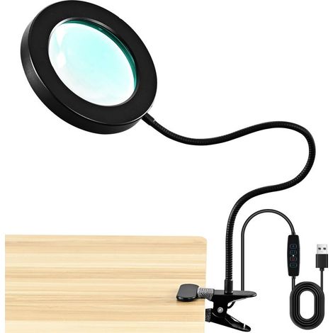 Lampe de bureau miroir à pince de serrage noire avec minuterie et amplification 2 en 1 (3 modes de couleur, 10 niveaux d'intensité)