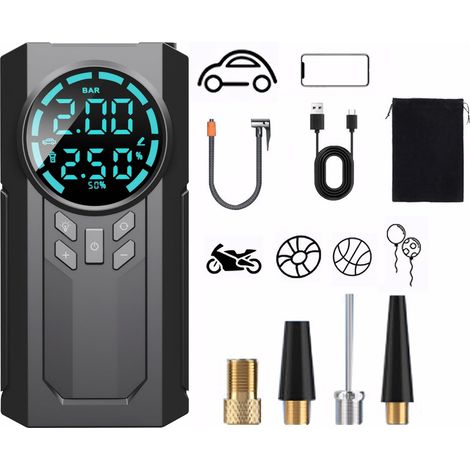 Electric air pump with 6000 mAh battery, mini portable air compressor with digital display and emergency light for car, bicycle, motorcycle, balls, rechargeable via USB-C (1/5)