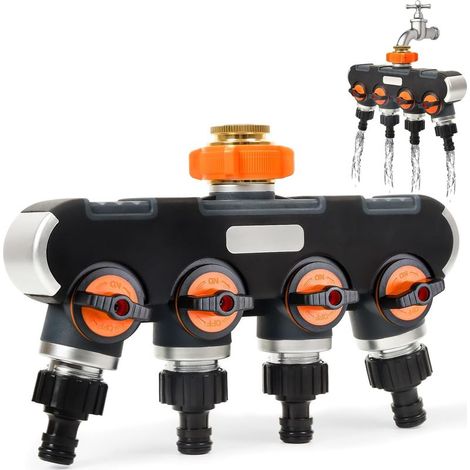 4-Wege-Verteiler – 3/4"- und 1/2"-Wasserverteiler mit Absperrventil zum gleichzeitigen Anschluss von 4 Geräten, einstellbarer Wasserdurchfluss, Adapter für die Gartenbewässerung (1/5)