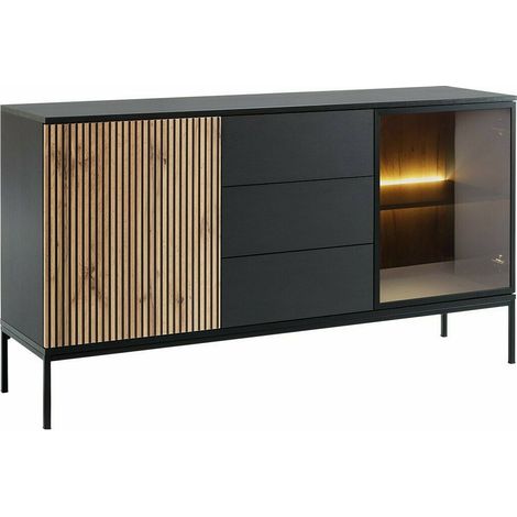 Commode Manal, Noir + Chêne wotan, Tiroirs et portes, Nombre de tiroirs: 0, 83x154x39cm, LED: Disponible