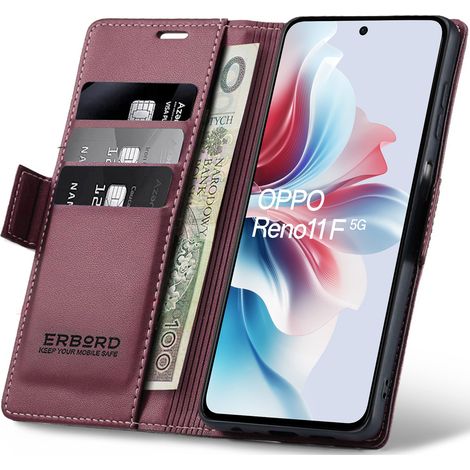 Étui pour Oppo Reno 11F, Litchi brillant, Étui portefeuille à rabat, Rouge (1/5)