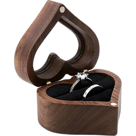 Herzförmige Ringbox aus Holz, Ringbox aus Walnussholz mit schwarzem Samt, Ohrringe, Schmuckschatulle für Hochzeit, Verlobung (B)