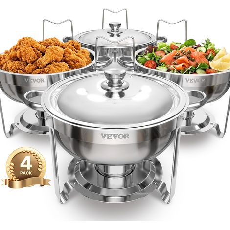 Chauffe-Plat 4PCs 4,7 L, Buffet Chauffant Rond, Réchaud en Acier Inoxydable, avec 4 Bacs Pleine Grandeur, Couvercle et Pince, pour Buffet Libre-Service Hôtel Traiteur Restauration, Argenté (1/5)