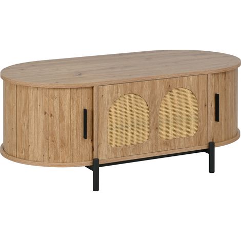 Tavolino da salotto ovale effetto legno con ante scorrevoli, rattan e gambe in metallo (1/5)