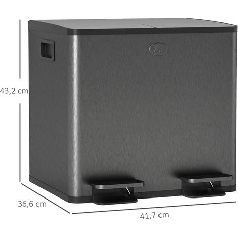 2 seaux à déchets double compartiment 15L, corbeille à pédale, nettoyage aisé, acier inoxydable et plastique, couleur noire, paire. (1/5)