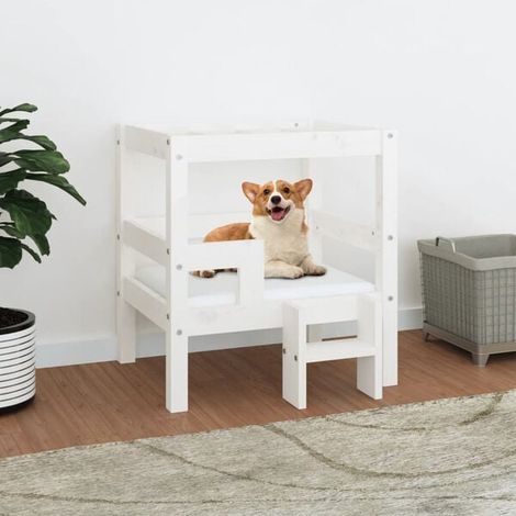 Panier pour chien blanc, dimensions 55,5 x 53,5 x 60 cm, en bois de pin massif.