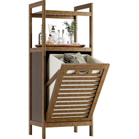 Meuble Salle de Bain avec Panier à Linge, Armoire Bas Salle de Bain en Bambou avec 2 étagères Ouvertes, 40L Sac Intérieur Amovible pour Buanderie, Toilette et Chambre à Coucher, Noyer (1/5)