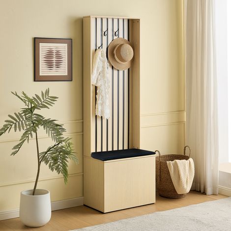 Set di mobili per ingresso 180 cm, appendiabiti, con panca imbottita e mobile per scarpe, 4 ganci, stile scandinavo (1/5)