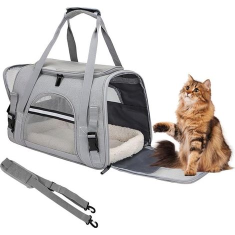 Haustiertragetasche Fleecematte Tragetasche für Katzen und kleinere Hunde bis 10 kg Katzentragetasche Welpentasche Reisetasche für Auto Flugzeug grau (1/5)