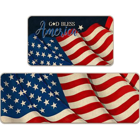 Tapis De Cuisine - Motif Patriotique Étoiles Et Rayures - Non Glissant Arrière En Caoutchouc Recyclé - 60x40 cm Et 40x150 cm - 2 Pièces (1/5)