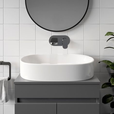 Bathroom Cloakroom Vanity Countertop Wash Basin Sink White Gloss Modern 600x380mm Oval Curved (1/4)