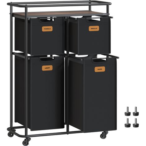 Vasagle – Panier à linge mobile 150 L avec 4 compartiments – 4 sacs amovibles – Étagère de rangement – 4 roulettes avec freins – Noir d’encre et marron châtaigne