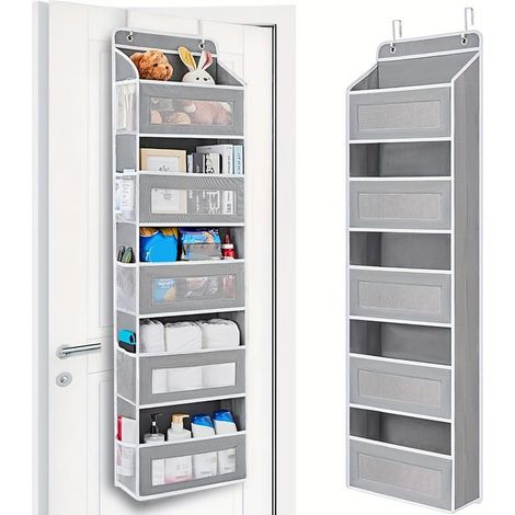 Organiseur de rangement suspendu gris - 5 poches avant + 5 poches latérales en filet - Très grand - Idéal pour la chambre, la salle de bain, le garde-manger et la chambre d'enfant (1/4)