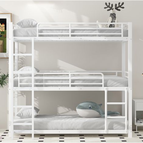 Letto a castello triplo 204x95x194 cm, salvaspazio, con scala, sponde di sicurezza, metallo bianco (1/5)