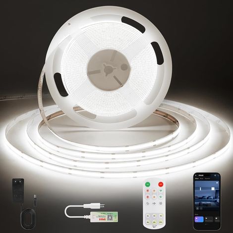 Ruban LED COB Blanc Froid, Bande LED 5m avec Fonction Minuterie, largeur 8 mm, Ruban LED Dimmable pour Chambre, Mural, Cuisine, Salon, 6000K (1/5)