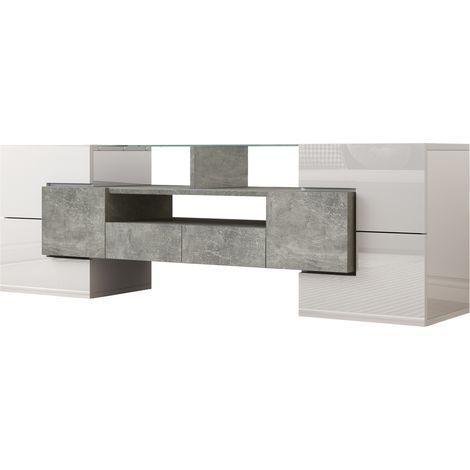 Meuble TV moderne blanc laqué brillant avec éclairage LED, 145 cm, meuble de salon (1/5)
