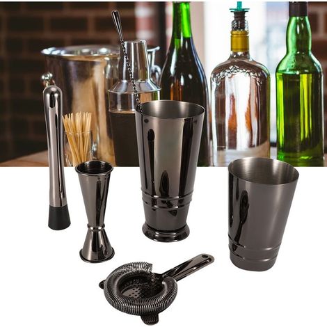 Ensemble de 5 pièces en acier inoxydable noir de style Boston : shaker à cocktail, verre doseur, passoire et cuillère à mélanger. (1/5)