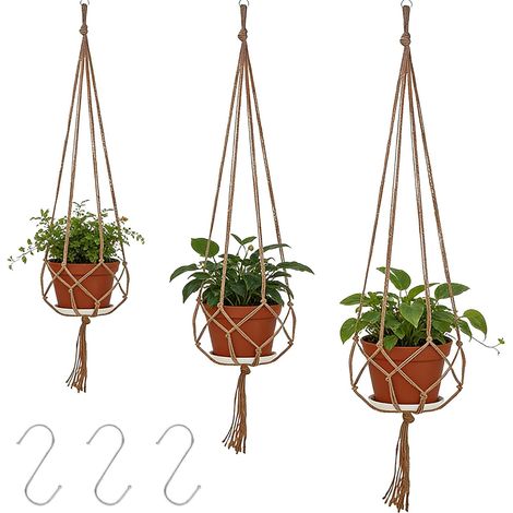 3 Pièces Cordes en Macramé avec Crochets, Cordes pour Pot de Fleur Plante Interieur, Pot Suspendu Suspension, 60cm 80cm 90cm, Décoration Maison et Balcon（Pot non inclus） (1/5)