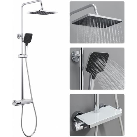 AURALUM MAX Sistema doccia con termostato, soffione a pioggia con doccetta a 3 funzioni, soffione a soffitto e mensola per il bagno, cromato (1/5)