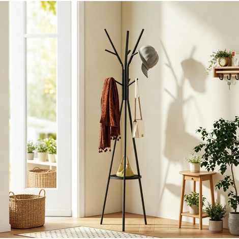 Appendiabiti da terra nero in metallo e MDF, 9 ganci con ripiano, 45 x 45 x 180 cm DESVIAE (1/5)