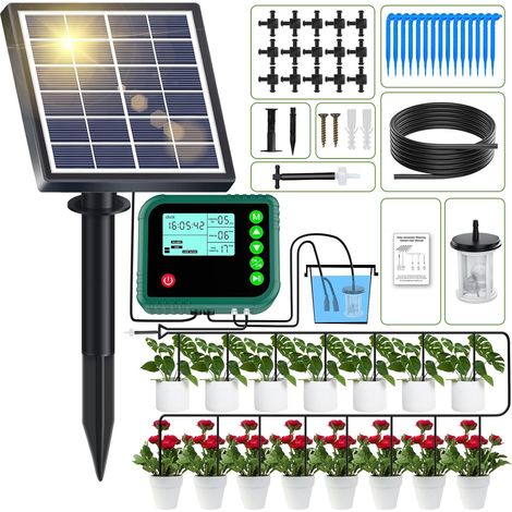 Système D'irrigation Goutte À Goutte Automatique Solaire-Abreuvoir Automatique De Dispositif D'arrosage Automatique pour Plantes D'intérieur-Minuterie Programmable- pour 15 Plantes en Pot