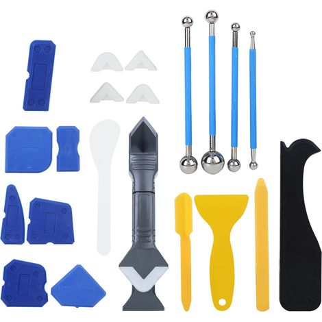 Kit de 22 pièces pour mastic plastique, colle à verre, calfeutrage et résine : spatule, raclette, outil de couture et de finition. (1/5)