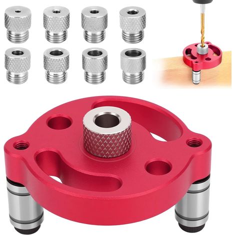 Kit de Recherche de centre de travail pour le bois, Gabarit de Percage Vertical avec douilles de perçage 3/4/5/6/7/8/9/10mm, Guide Percage pour bois dur massif (Rouge) (1/5)