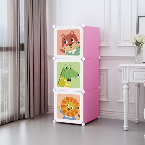TrAdE Shop Traesio - Armadio Guardaroba Modulare Per Bambini A 3 Scomparti A Cubo Mobile Con Ante Decorate - Rosa