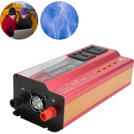 Kfz-Konverter, rot, Nennleistung 900W, Dualspannung DC12/24V auf AC220V 50Hz, LCD-Bildschirm, zwei Universalsteckdosen mit Ambientebeleuchtung und vier USB-Anschlüsse. (1/5)