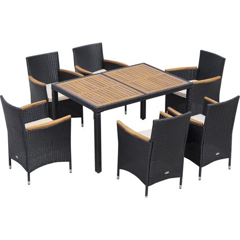 Set Tavolo e 6 Sedie Pieghevoli da Giardino con Cuscini Morbidi in PE Rattan e Legno Nero (1/5)