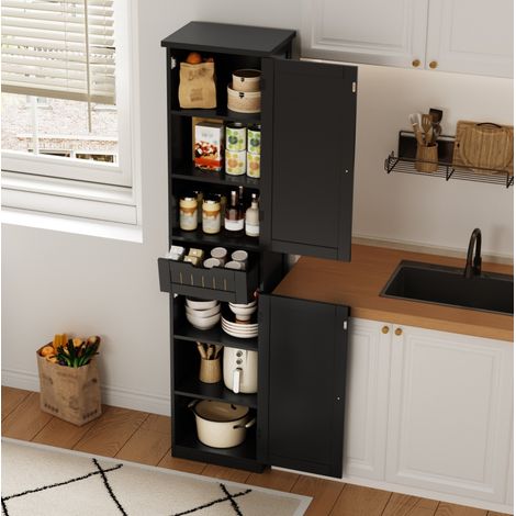 Buffet de rangement 40x30x170 cm avec 2 portes, 1 tiroir et 4 étagères réglables, MDF naturel et - noir (1/5)