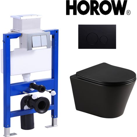 HOROW pack bati-support UWT02L + Plaque de poussée ronde chromée noire + cuvette suspendue WC suspendu sans rebord, WC en céramique noir mat (1/5)