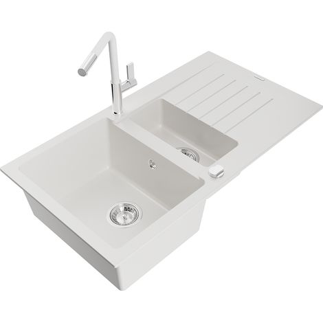 Mexen Matias évier en granit 1,5 bacs avec égouttoir et robinet de cuisine Flora, blanc - 6502-20-670401-02 (1/5)
